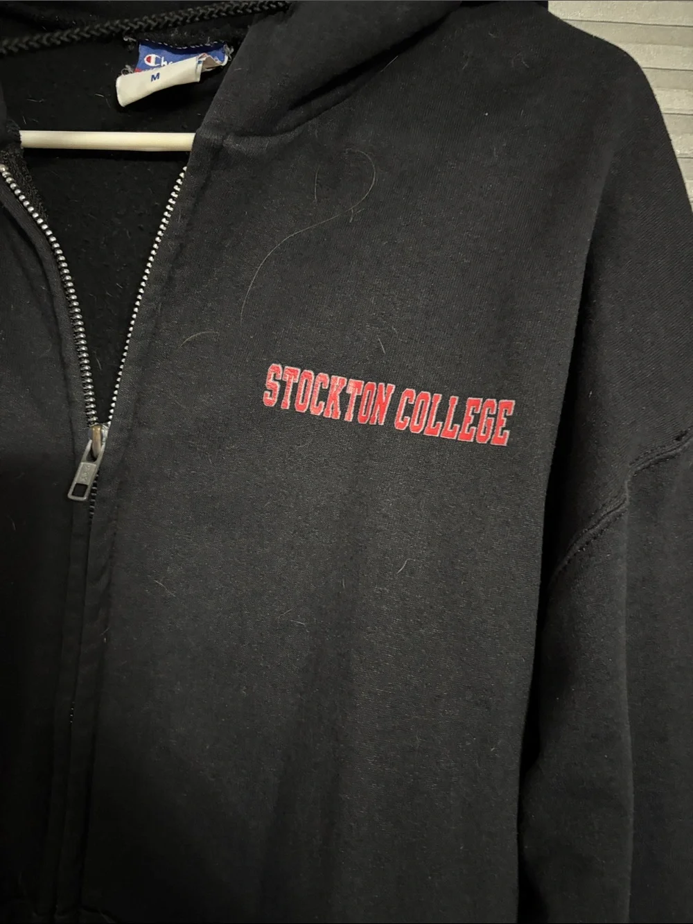 Champion Black Zip Hoodie with Red Stockton College Logo